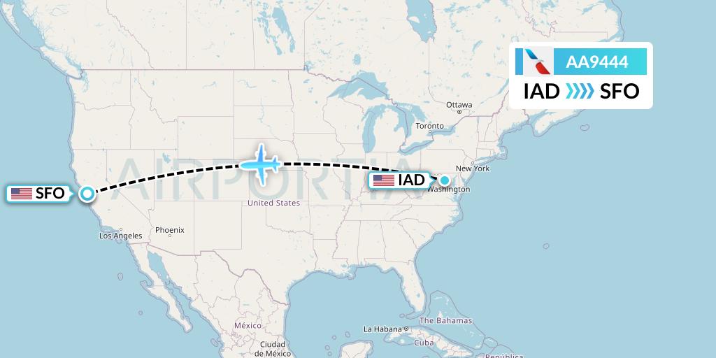 AA9444 American Airlines Flight Map: Washington to San Francisco