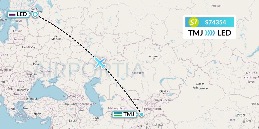 S74354 S7 Airlines Flight Map: Termez to St. Petersburg