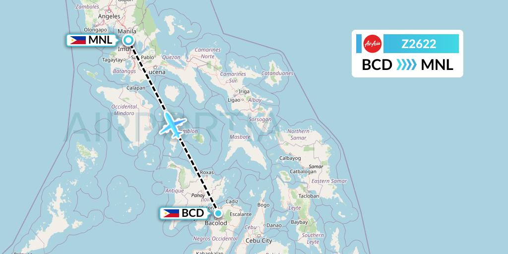 Z2622 Philippines AirAsia Flight Map: Bacolod City to Manila
