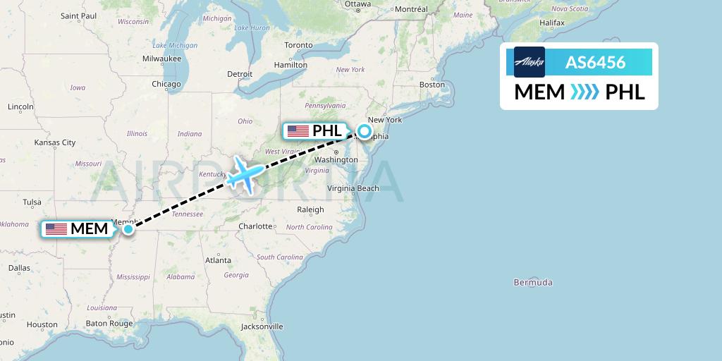 AS6456 Alaska Airlines Flight Map: Memphis to Philadelphia