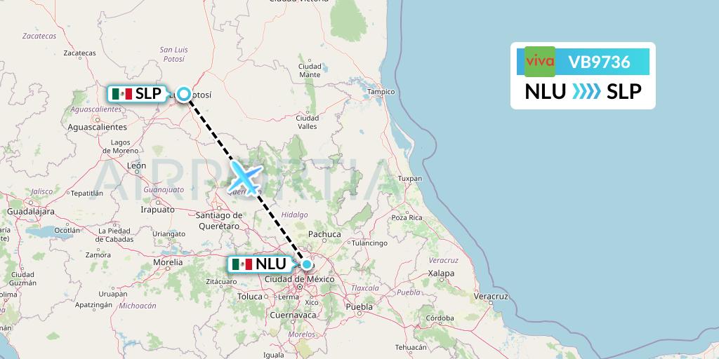 VB9736 VivaAerobus Flight Map: Reyes Acozac to San Luis Potosi