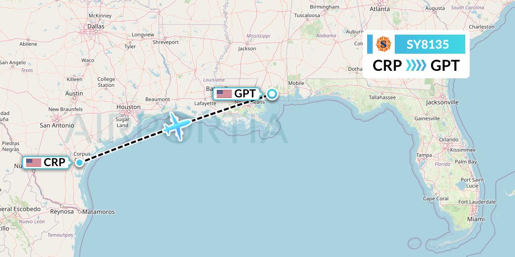 SY8135 Sun Country Airlines Flight Map: Corpus Christi to Gulfport