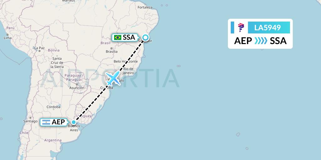 LA5949 LAN Airlines Flight Map: Buenos Aires to Salvador