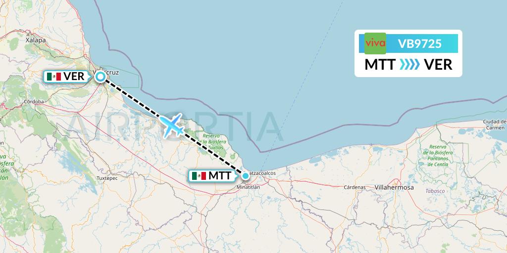 VB9725 VivaAerobus Flight Map: Minatitlan to Veracruz
