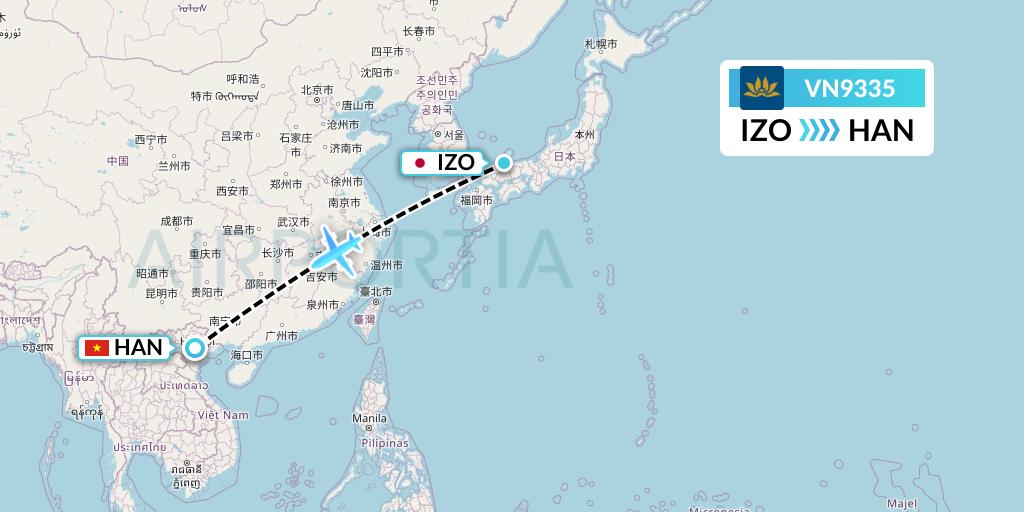 VN9335 Vietnam Airlines Flight Map: Izumo to Hanoi