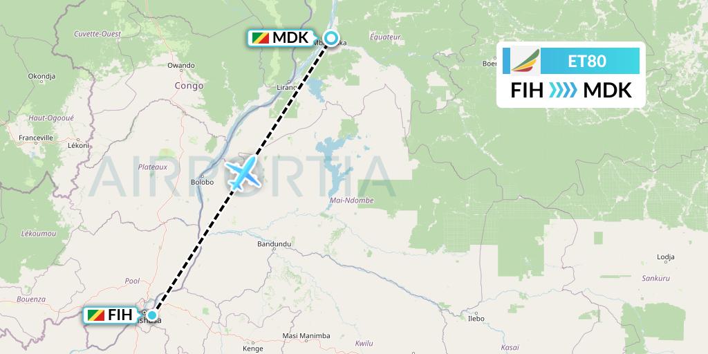 ET80 Ethiopian Airlines Flight Map: Kinshasa to Mbandaka
