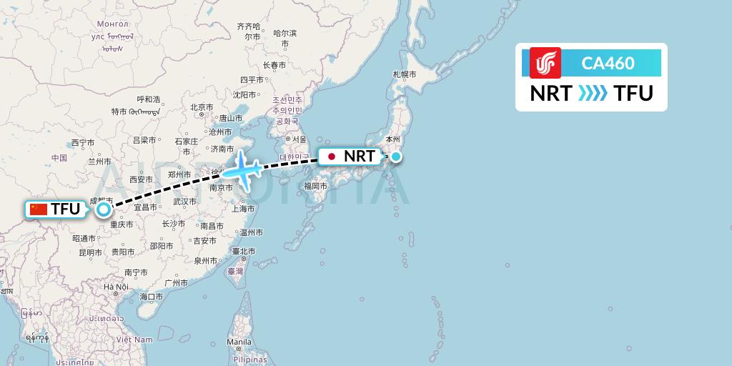 CA460 Air China Flight Map: Tokyo to Chengdu