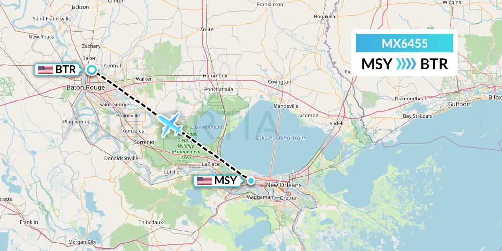 MX6455 Breeze Airways Flight Map: New Orleans to Baton Rouge