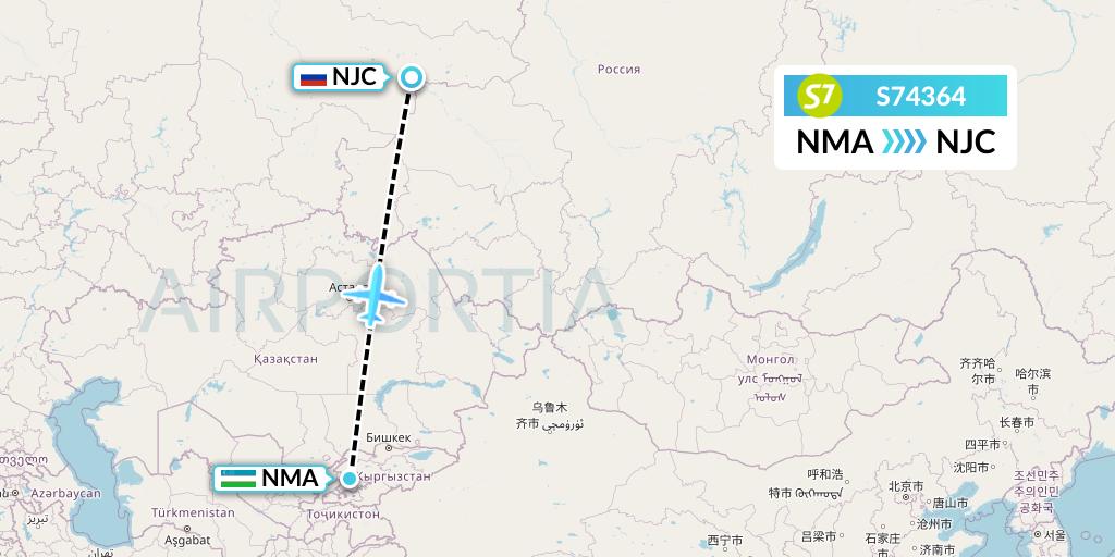 S74364 S7 Airlines Flight Map: Namangan to Nizhnevartovsk