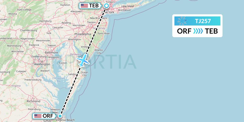 TJ257 Tradewind Aviation Flight Map: Norfolk to Teterboro