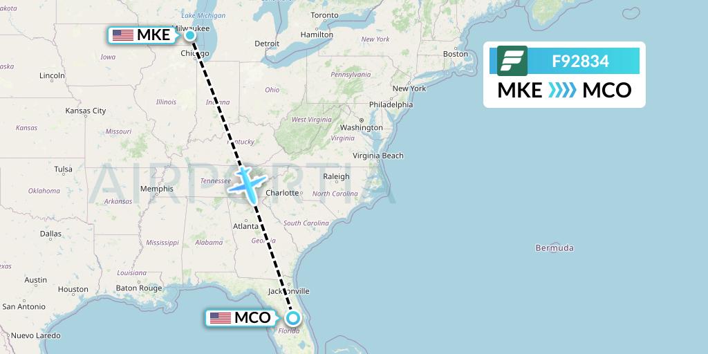 F92834 Frontier Airlines Flight Map: Milwaukee to Orlando