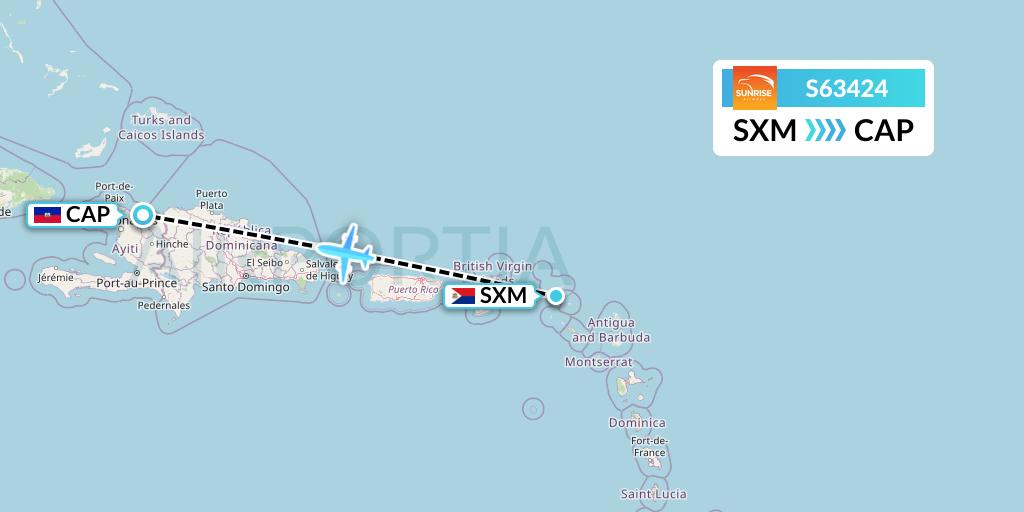S63424 Sunrise Airways Flight Map: Sint Maarten to Cap-Haitien