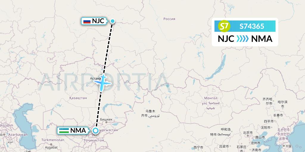S74365 S7 Airlines Flight Map: Nizhnevartovsk to Namangan