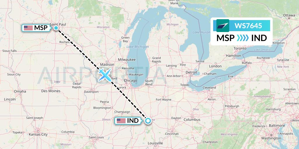 WS7645 WestJet Flight Map: Minneapolis to Indianapolis