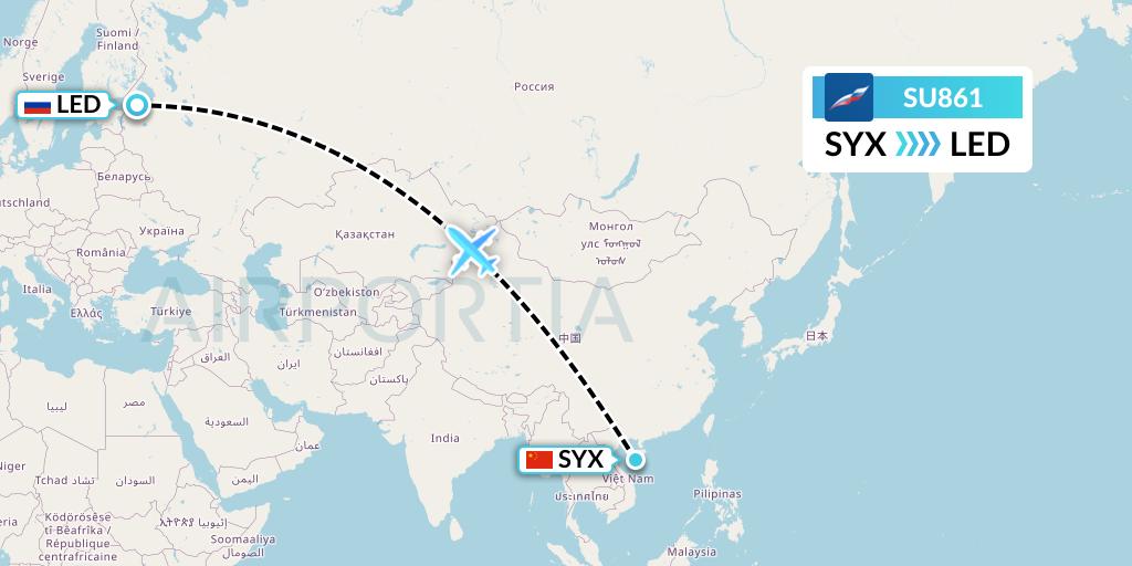 SU861 Aeroflot Flight Map: Sanya to St. Petersburg