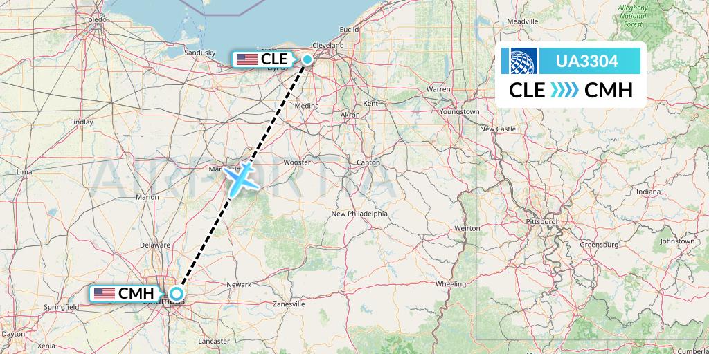 UA3304 United Airlines Flight Map: Cleveland to Columbus