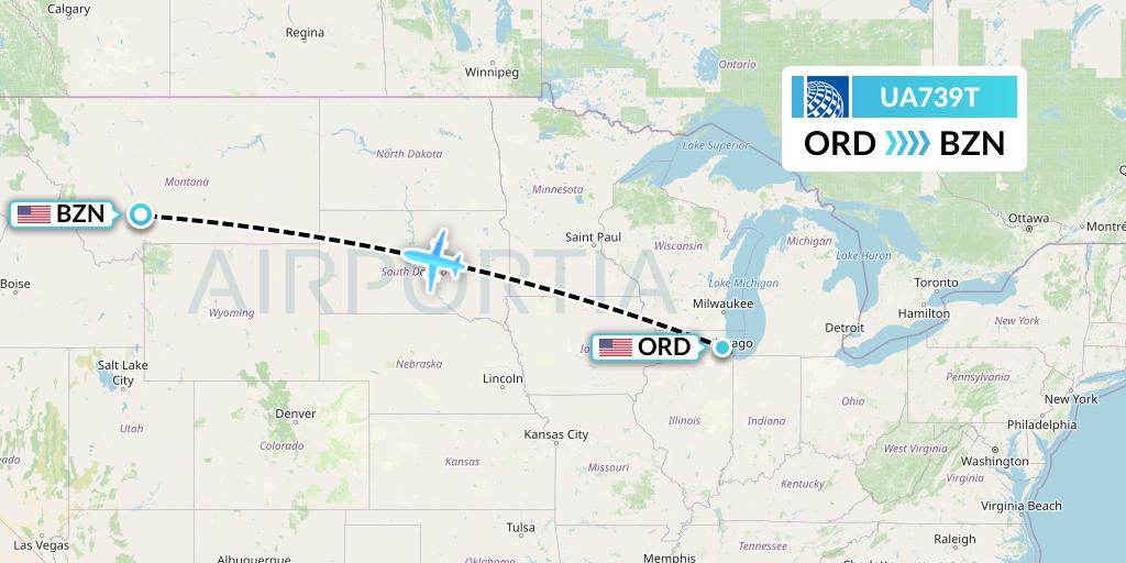 UA739T United Airlines Flight Map: Chicago to Bozeman