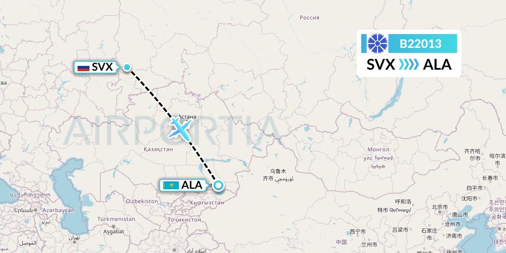 B22013 Belavia Flight Map: Yekaterinburg to Almaty