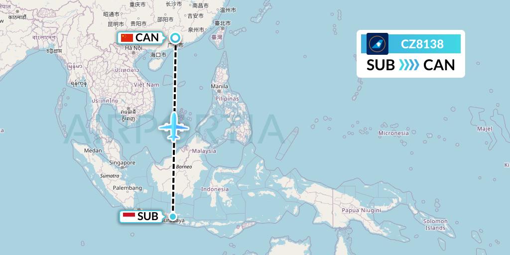 CZ8138 China Southern Airlines Flight Map: Surabaya to Guangzhou