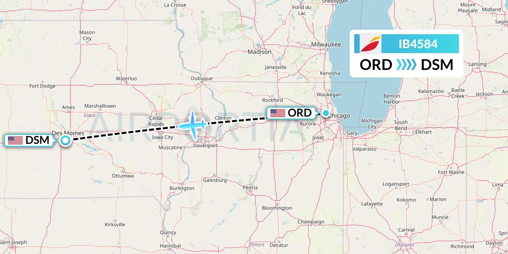 IB4584 Iberia Flight Map: Chicago to Des Moines
