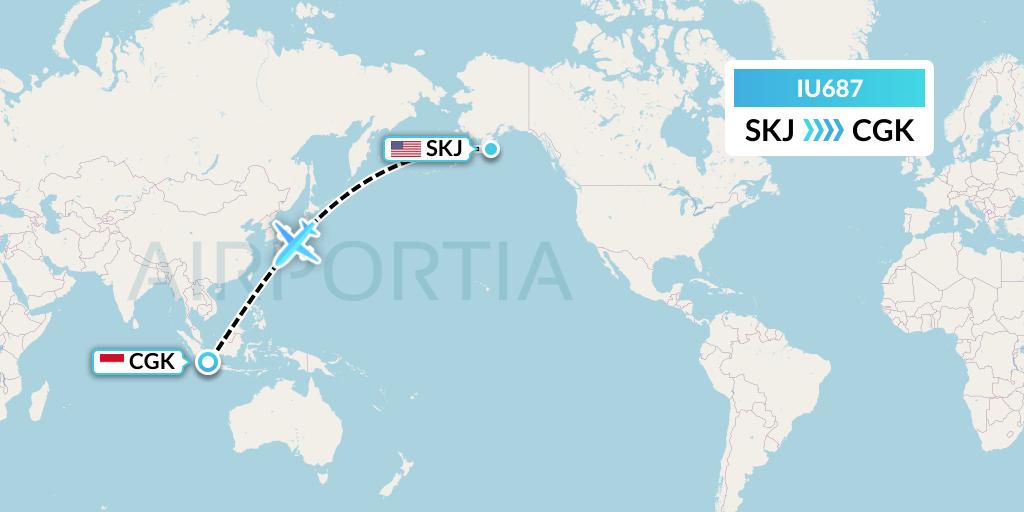 IU687 Pt. Super Air Jet Flight Map: Sitkinak Island to Jakarta