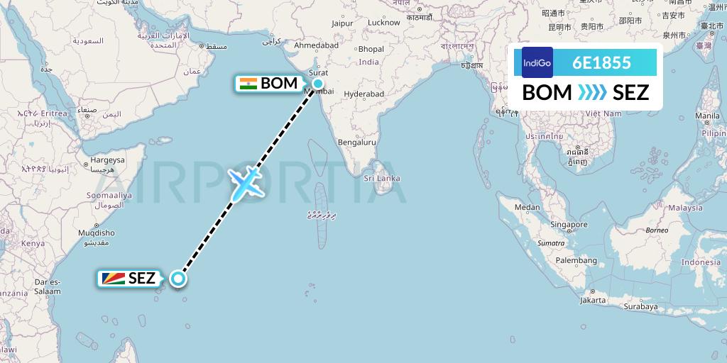 6E1855 IndiGo Airlines Flight Map: Mumbai to Victoria