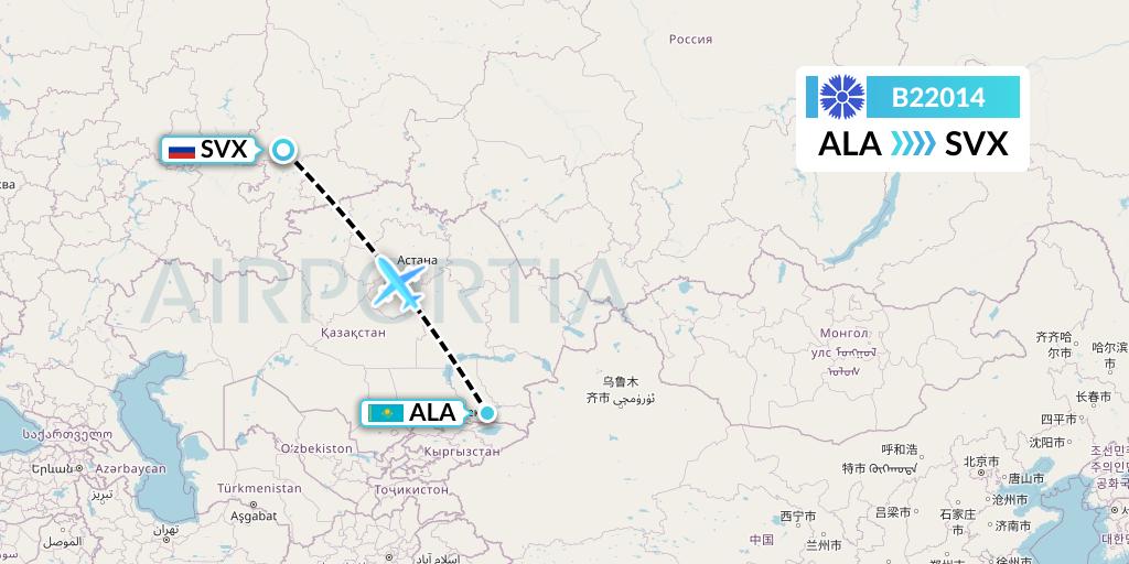 B22014 Belavia Flight Map: Almaty to Yekaterinburg