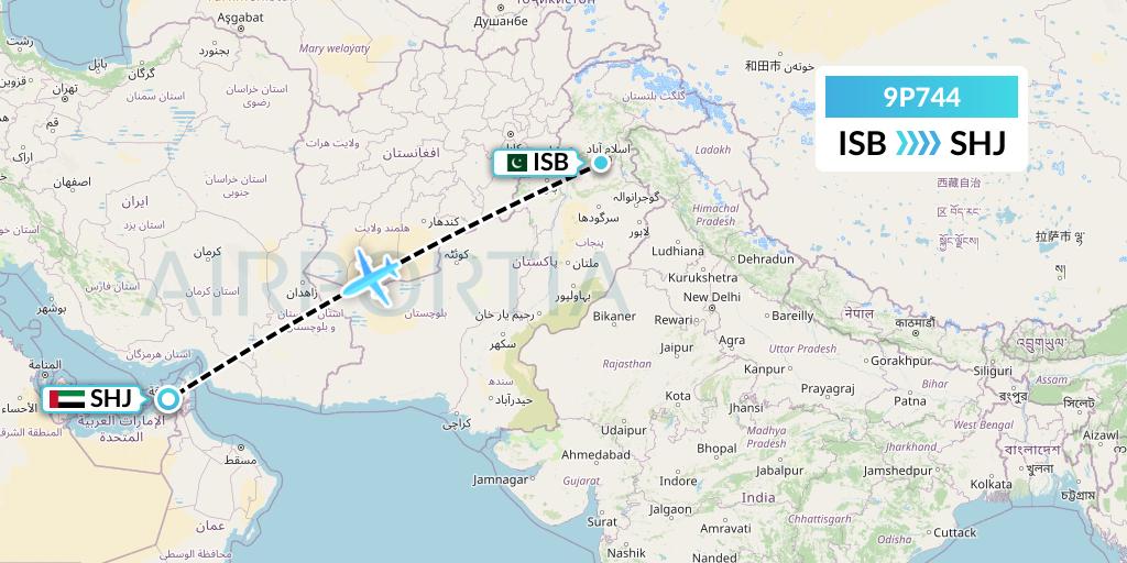 9P744 Fly Jinnah Flight Map: Islamabad to Sharjah