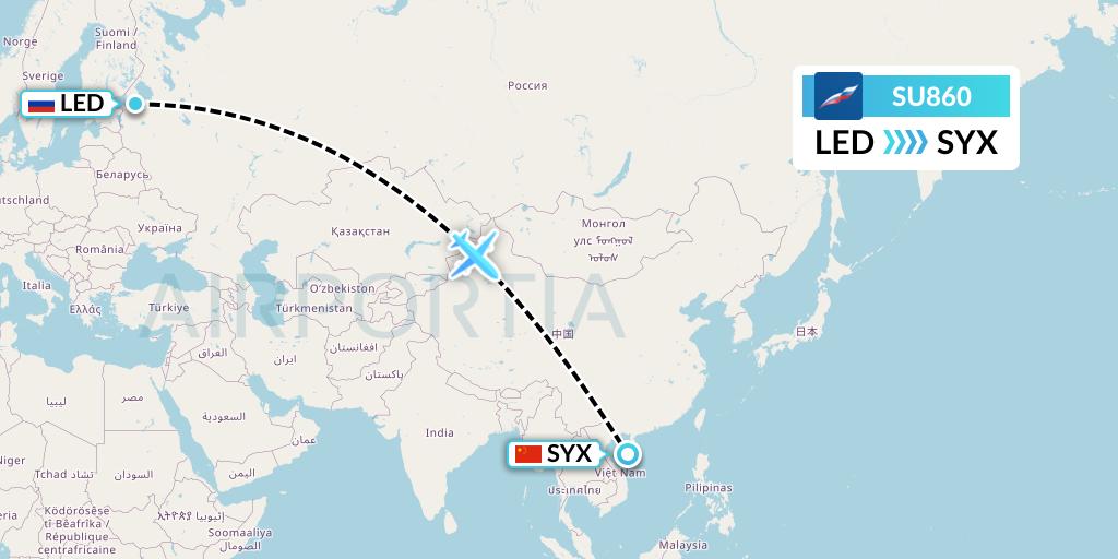 SU860 Aeroflot Flight Map: St. Petersburg to Sanya