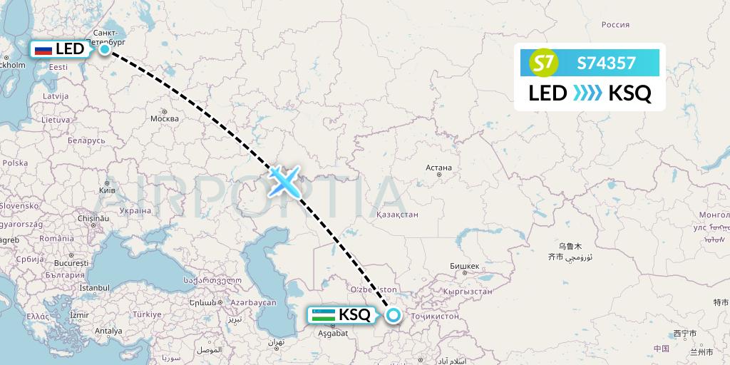S74357 S7 Airlines Flight Map: St. Petersburg to Karshi