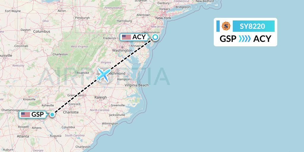 SY8220 Sun Country Airlines Flight Map: Greenville-Spartanburg to Atlantic City
