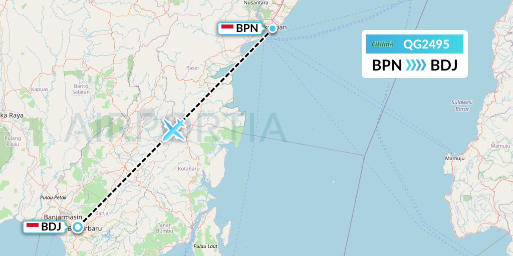 QG2495 Citilink Flight Map: Balikpapan to Banjarmasin