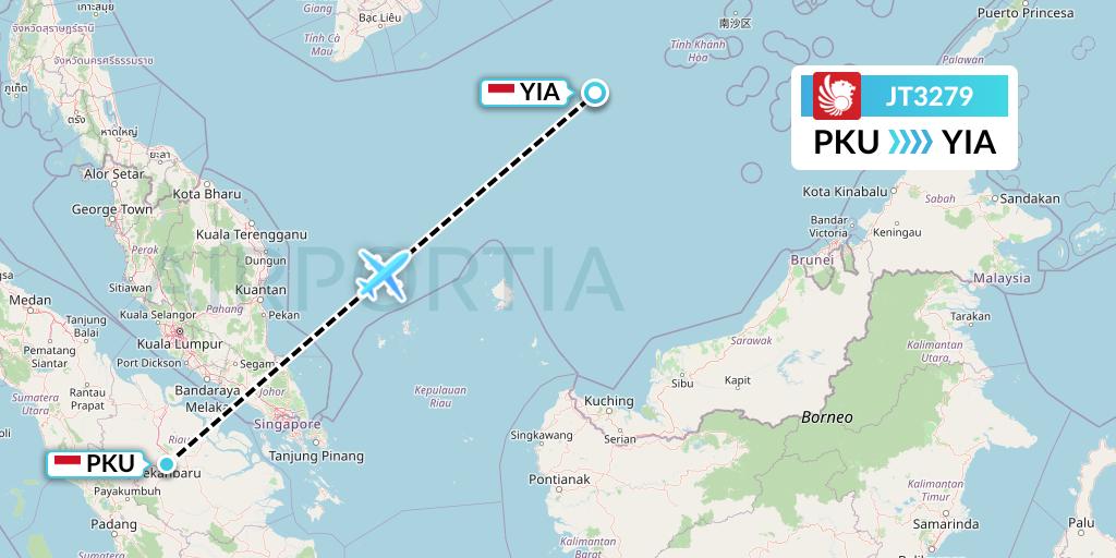 JT3279 Lion Airlines Flight Map: Pekanbaru to Yogyakarta