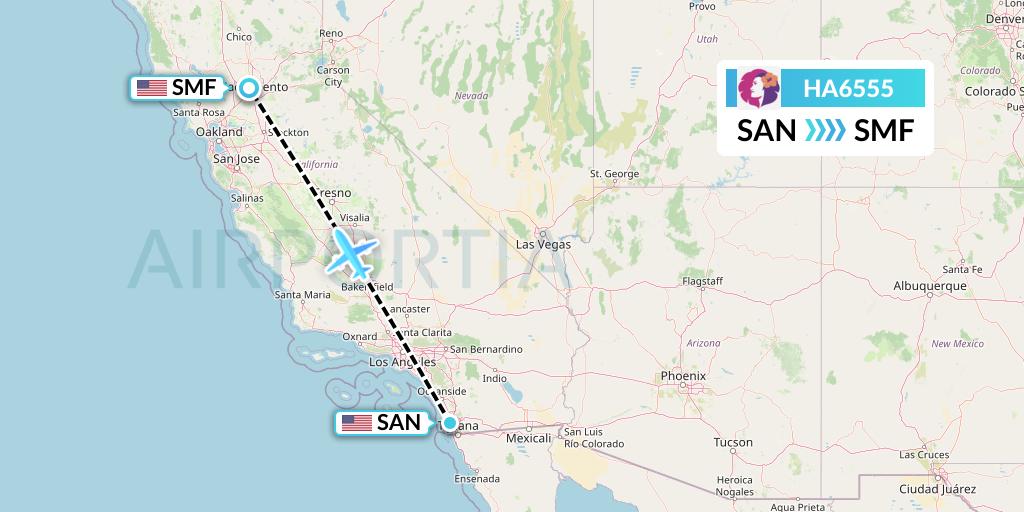 HA6555 Hawaiian Airlines Flight Map: San Diego to Sacramento