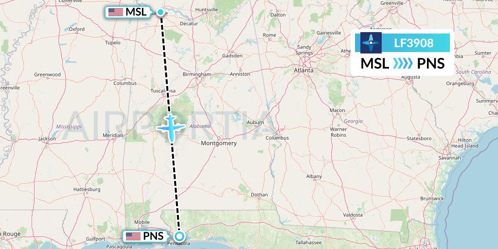 LF3908 Corporate Flight Management Flight Map: Muscle Shoals to Pensacola