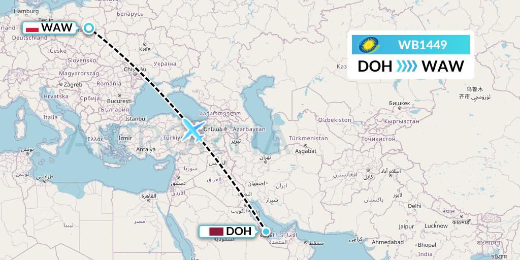 WB1449 RwandAir Flight Map: Doha to Warsaw