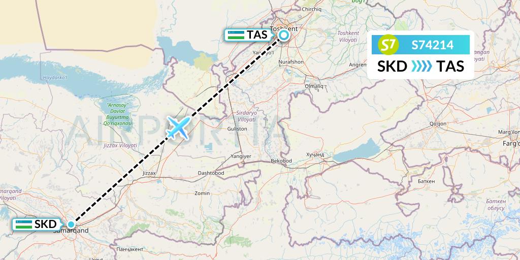 S74214 S7 Airlines Flight Map: Samarkand to Tashkent