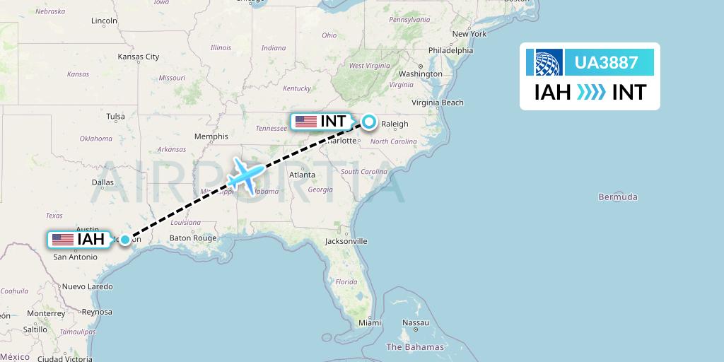 UA3887 United Airlines Flight Map: Houston to Winston-Salem