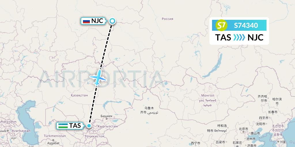 S74340 S7 Airlines Flight Map: Tashkent to Nizhnevartovsk