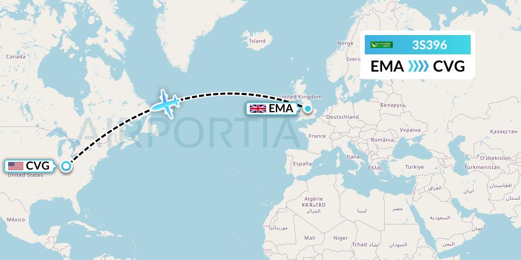 3S396 Air Antilles Express Flight Map: East Midlands to Cincinnati