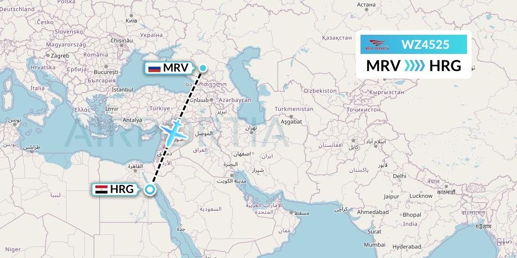 WZ4525 Red Wings Flight Map: Mineralnye Vody to Hurghada