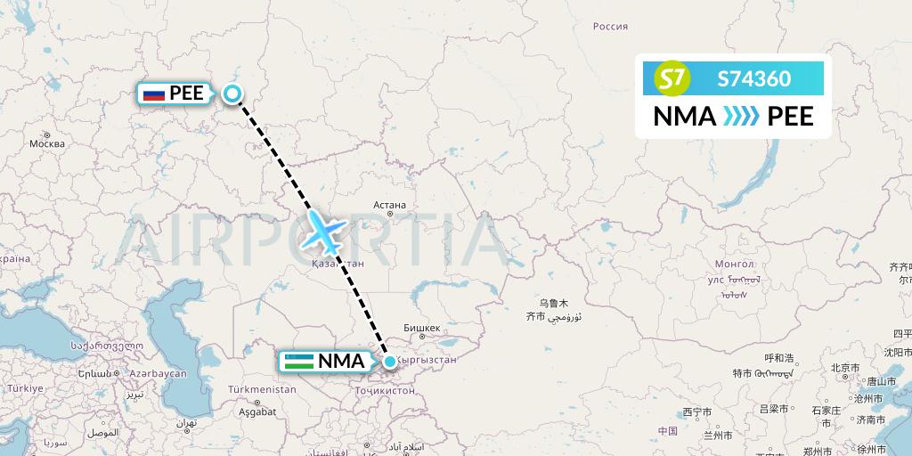 S74360 S7 Airlines Flight Map: Namangan to Perm