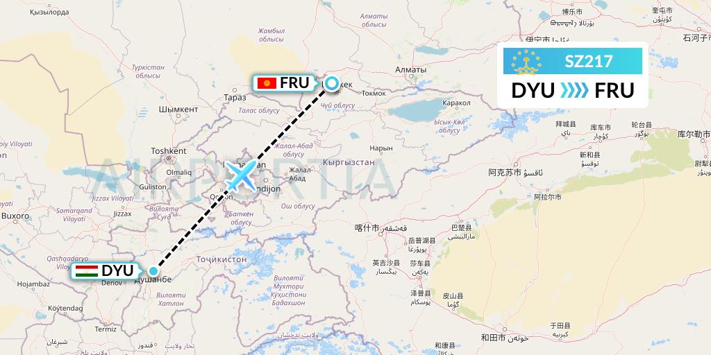 SZ217 Somon Air Flight Map: Dushanbe to Bishkek