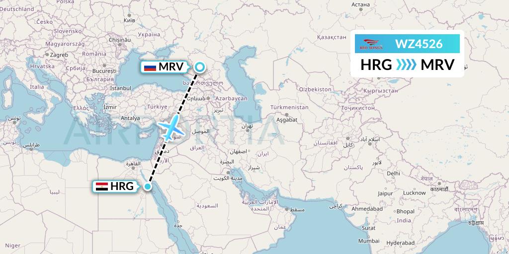 WZ4526 Red Wings Flight Map: Hurghada to Mineralnye Vody
