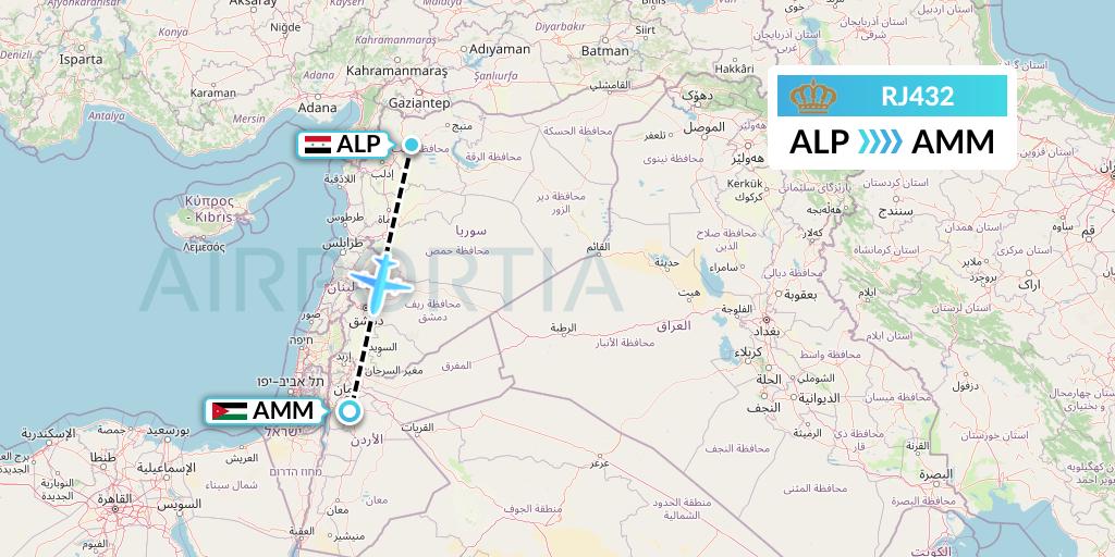 RJ432 Royal Jordanian Flight Map: Aleppo to Amman