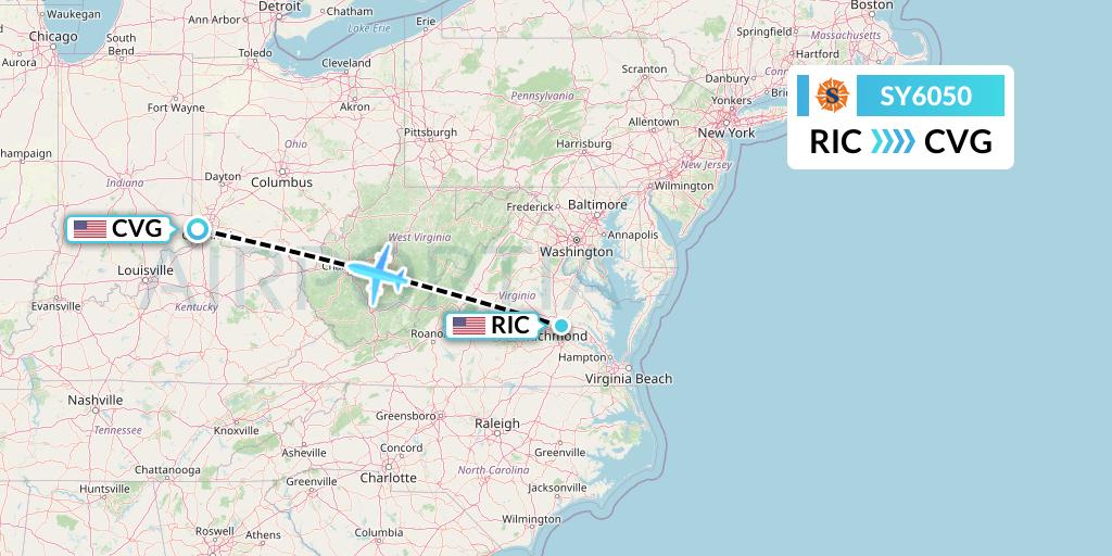 SY6050 Sun Country Airlines Flight Map: Richmond to Cincinnati