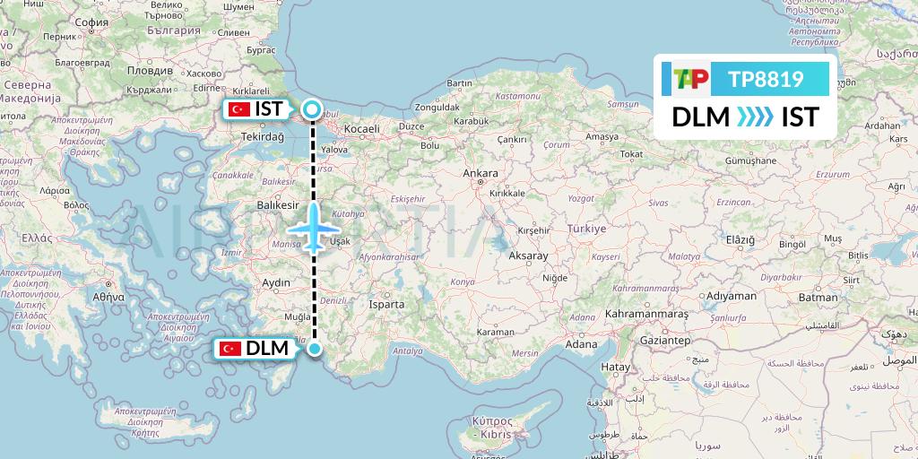TP8819 TAP Portugal Flight Map: Dalaman to Istanbul