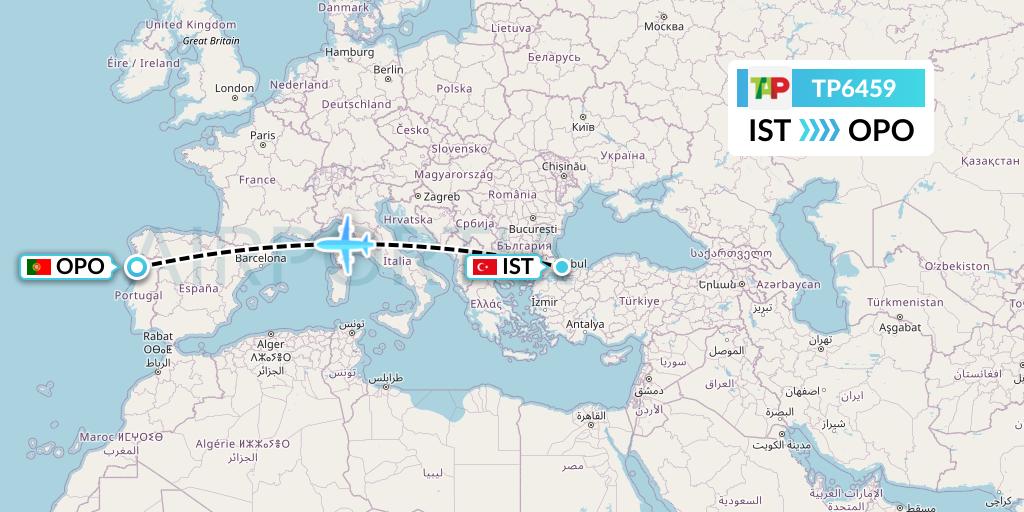 TP6459 TAP Portugal Flight Map: Istanbul to Porto