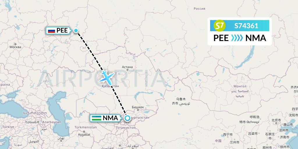 S74361 S7 Airlines Flight Map: Perm to Namangan