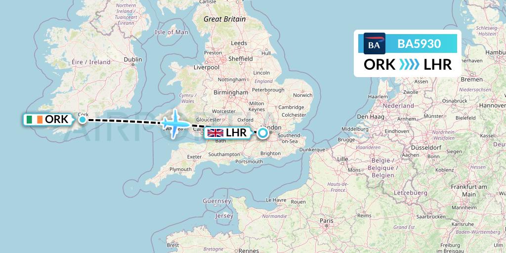 BA5930 British Airways Flight Map: Cork to London